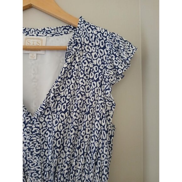 Sail to Sable Flutter Sleeve Midi Dress Size Medium Blue White Animal Print - Picture 3 of 9